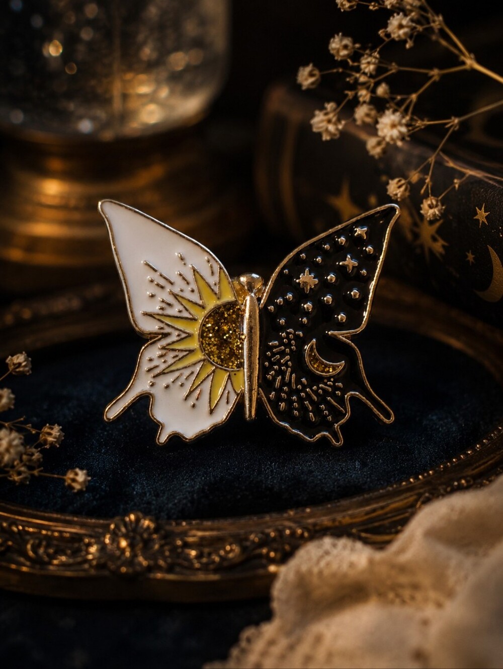 Celestial Sun & Moon Butterfly Enamel Pin – Gold Tone Mystical Nature Brooch